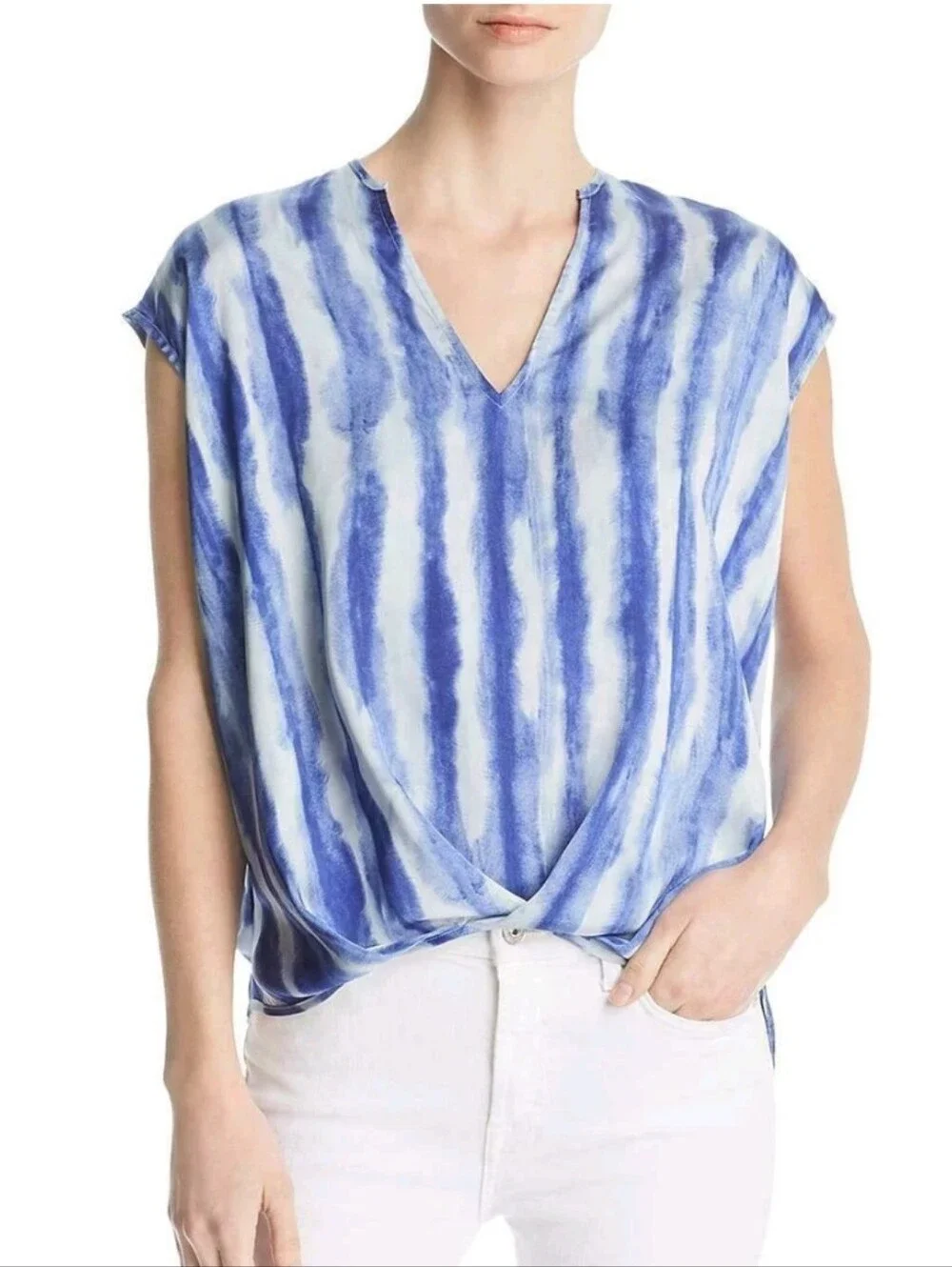 Kenneth Cole Satin Blue Tie Dye Stripe Cap Sleeves V-Neck Blouse Top Shirt M
